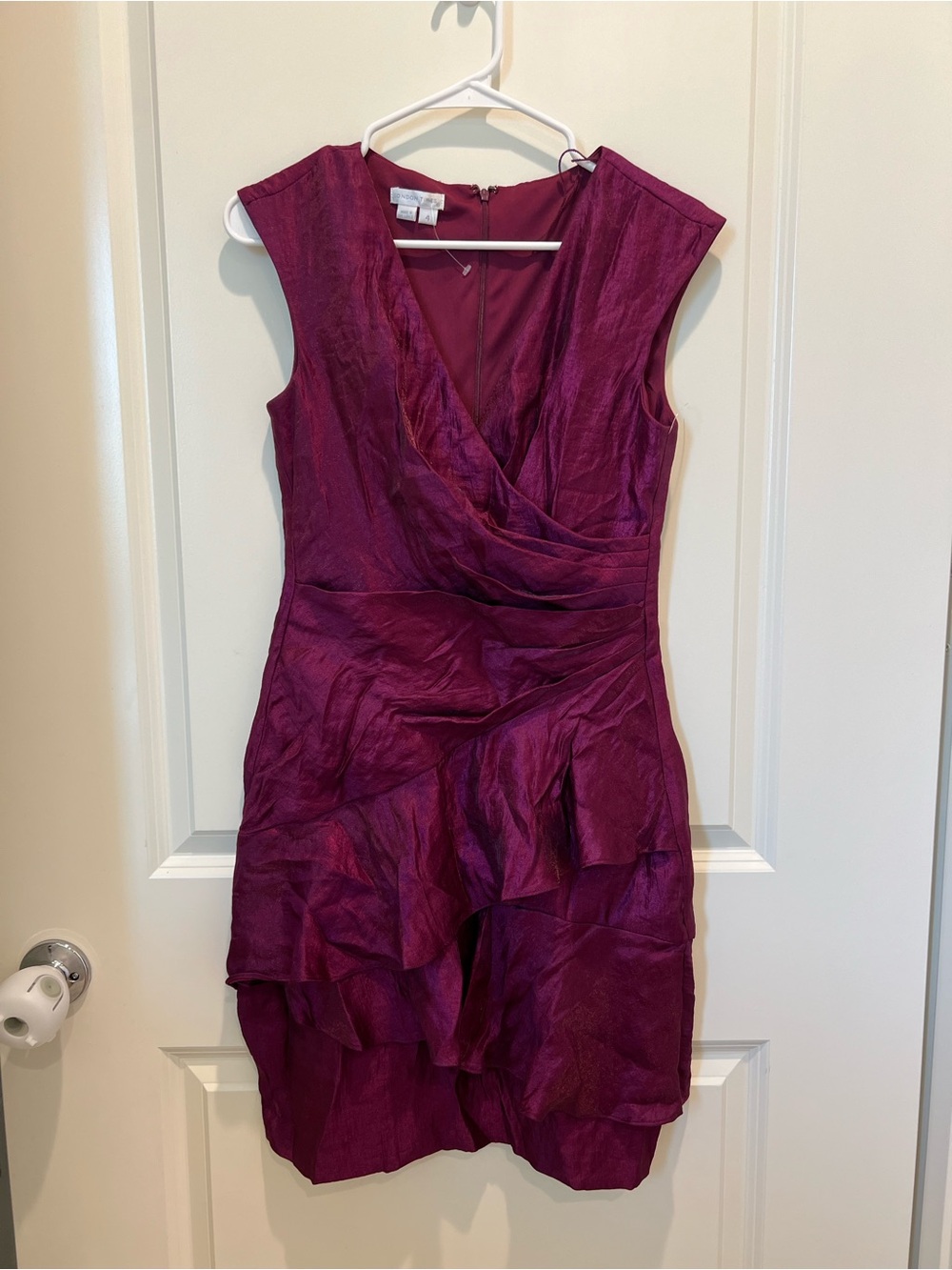 London Times Deep Magenta Ruffled V-Neck Midi Dress